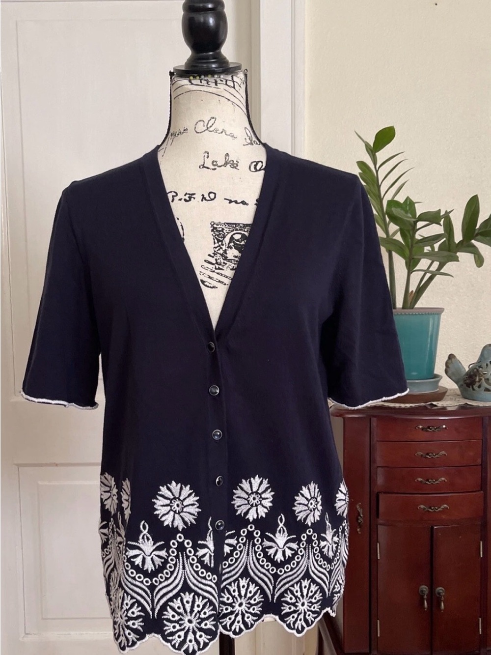 Talbots Navy Button-Front Tunic with White Embroidered Hem